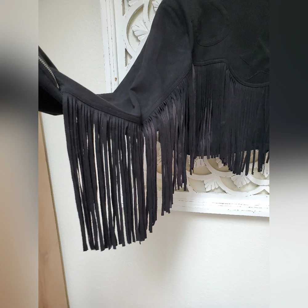 NWT Unique Vintage Black Faux Suede Tassle Fringe Cropped Jacket 1X / 16 - Picture 8 of 16